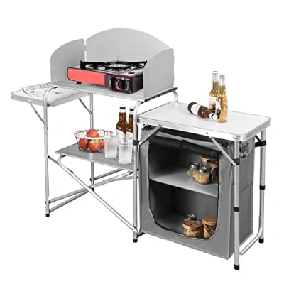 Afbeelding van WOLTU Campingkeuken, campingkasten, picknicktafel, opvouwbaar, van MDF en aluminium, campingmeubels met opbergkast, windbescherming draagbare tas CPT8140wgr