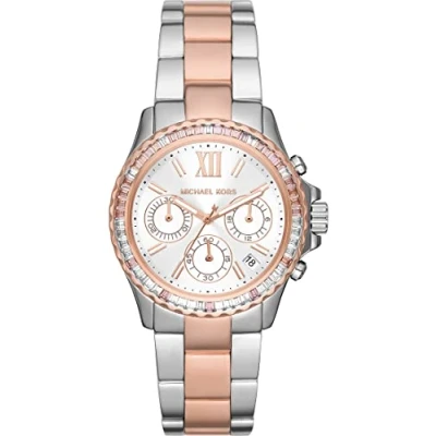 Afbeelding van Michael Kors Everest Dameshorloge, chronograaf uurwerk, roestvrijstalen armband, acetaat of leer, Roségoud en zilveren toon, armband