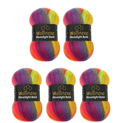 Afbeelding van Wollbiene Moonlight Batik Breiwol, 5 x 100 g, totaal 500 20% Turkse wol, kleurverloop (2600 rainbow)