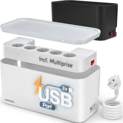 Afbeelding van ACROPAQ Kabelbox inclusief stekkerdoos en USB lader 5 voudig + 3 x A, Met schakelaar Opbergbox, Snellader Iphone Samsung, Kabel organiser Wit