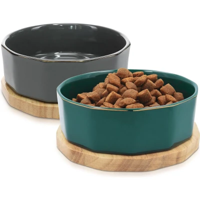 Afbeelding van Navaris voerbak voor katten en honden 800 ml Set van 2 voer of waterbakken Etensbak keramiek Met houten onderzetter Grijs/Petrol