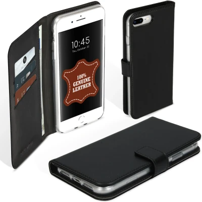 Afbeelding van Selencia Hoesje Geschikt voor iPhone 8 Plus / 7 Met Pasjeshouder Echt Lederen Bookcase Zwart