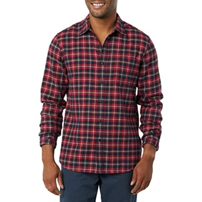 Image de Amazon Essentials Chemise En Flanelle À Carreaux Manches Longues Et Coupe Ajustée (Couleurs Édition Limitée) Men&#039;s, Rouge Foncé Écossais, L