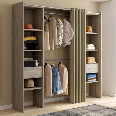 Image de Dressing extensible double bois MERYL 120/180 x 180 cm avec rideau taupe + penderie étagères