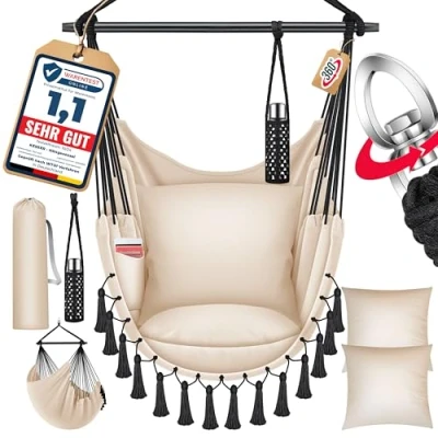 Afbeelding van KESSER® hangstoel met 2 kussens, bekerhouder en boekenvak, Safari XXL hangmat voor volwassenen kinderen tot 150 kg, binnen buiten, thuis