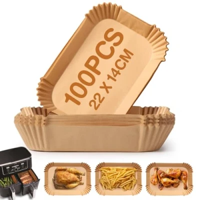 Afbeelding van Diboniur Bakpapier Air Fryer, 100 stuks, 22 x 14 cm, bakpapier, anti aanbaklaag, wegwerp papieren liners voor Ninja AF300EU/AF400EU/Cecotec/Masterpro Double Airfryer (rechthoekig)