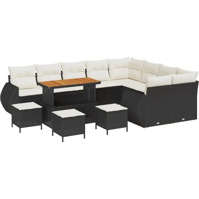 Afbeelding van vidaXL 13 delige tuinsofa set met kussens zwart poly rattan acacia, 4 tuin eetset acacia