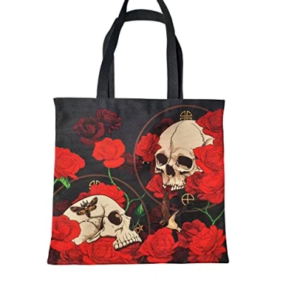Afbeelding van Boodschappentas Skulls&amp; Roses Zwart met Rood 39x40cm