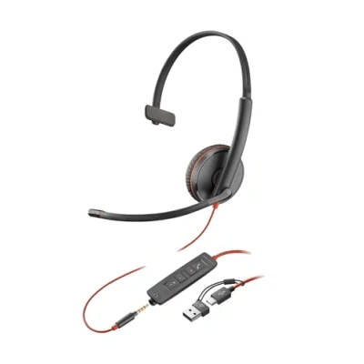 Image de Micro casque Poly Blackwire 3215 monaural USB C + connexion 3,5 mm adaptateur C/A