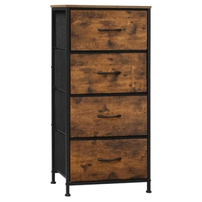 Afbeelding van WOLTU Commode met 4 laden, opbergkast laden van stof, voor slaapkamer, hal, entree, woonkamer, metalen frame, bovenkant technisch hout E1, rustiek bruin + zwart, SSK011shm