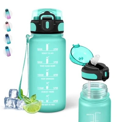 Afbeelding van 500 ml kinderwaterfles, motiverende waterfles met rietje, drinktijden, gemakkelijk te reinigen, lekvrije sportfles, voor scholen,