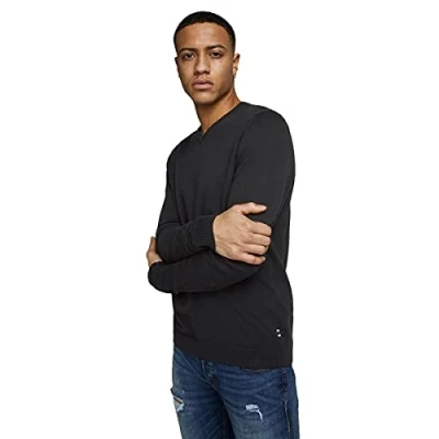 Afbeelding van JACK &amp; JONES Basic knit V neck slim fit heren pullover katoen met hals zwart