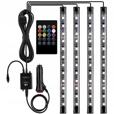 Afbeelding van Retoo 12 V led binnenverlichting voor de auto met 4 stuks, 48 RGB, 3 m kleurrijke ledstrips, bestuurbare lichtstrip afstandsbediening, waterdichte verlichting sigarettenaansteker