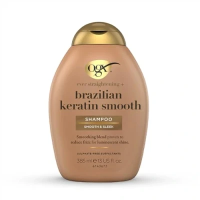 Afbeelding van OGX gladmakende shampoo met Braziliaanse keratine (385 ml), keratine, kokosolie, avocado olie en kokosboter, sulfaatvrij