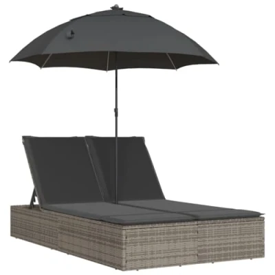 Afbeelding van Ligbed 2 persoons met kussens en parasol poly rattan grijs