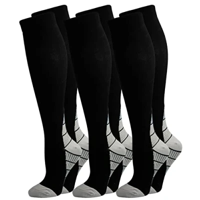 Afbeelding van Kuzimua 3 paar compressiesokken voor mannen en vrouwen, hardlopen, sport, fietsen, vliegreizen zwangerschap, herstel, grijs.