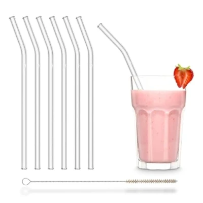 Afbeelding van HALM 6 stuks 23 cm gebogen glazen rietjes met elleboog + plasticvrije reinigingsborstel, vaatwasmachinebestendig, herbruikbare drinkbuizen, duurzame