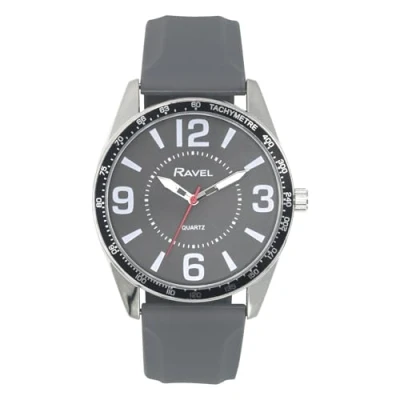 Afbeelding van Ravel RS001 herenhorloge Big Digit zilvertint met zwarte bovenste ring op siliconen sportarmband analoog kwarts, grijs.
