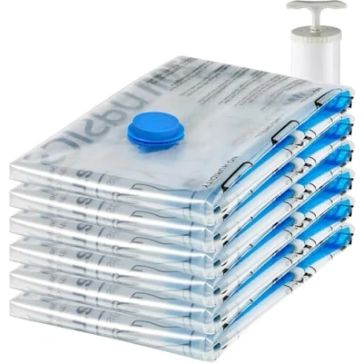 Afbeelding van Amazon Basics Vacuümzakken voor kleding met luchtdicht ventiel en handpomp Jumbo, 6 pack, ritssluiting, doorzichtig