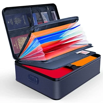 Afbeelding van JUNDUN Documentenorganizer, vuurvaste documententas met slot, opbergdoos 7 vakken, bestandsorganizer, draagbare voor belangrijke documenten, mappen