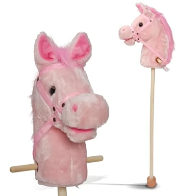 Afbeelding van Pink Papaya Stokpaard SPARKLES Schattig Pluche Speelgoed Paard met Geluidsfunctie: Hinnikend en Galopperend Geluid