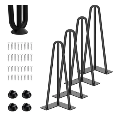 Afbeelding van 4 stuks haarspeld tafelpoten, 3 stangen, metalen meubelpoten met vloerbescherming, 35 cm hoog, voor salontafels, bureaupoten, eettafelpoten