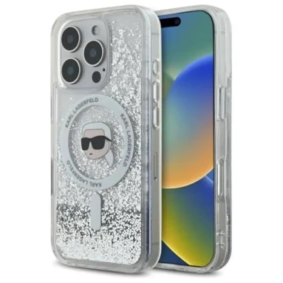 Afbeelding van CG Mobile Karl Lagerfeld Magsafe vloeibare glitter hard hoesje met hoofd voor iPhone 16 Pro Max transparant