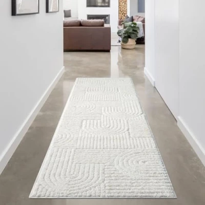 Afbeelding van carpet city Scandi Tapijtloper, hoogpolig, 80 x 300 cm, effen, wit/crème, diep patroon, 3D effect, geometrisch, voor woonkamer, slaapkamer, boho stijl, Scandinavisch