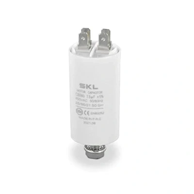 Afbeelding van DL pro Motorcondensator 7,50 µF 450 V Ø 30 x 57 mm universeel met 6,3 AMP aansluitingen en bevestigingsschroef M8 CBB60 startcondensator voor apparaten