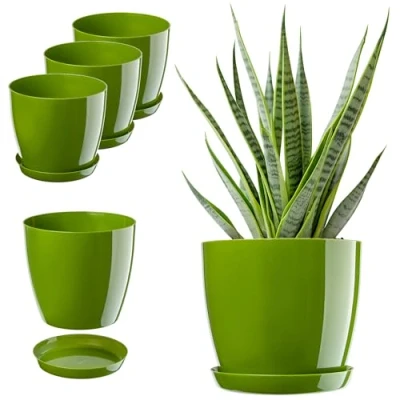 Afbeelding van KADAX Set bloempotten met onderzetter, ronde kunststof plantenbak, bloempot voor binnen en kamerplanten, kruidenpot (set 3:20 cm, groen)