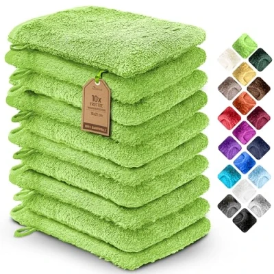 Image de NatureMark 10x Gants de Toilette en Frotte 100% Coton Doux et Résistants, Idéal pour le Soin Quotidien les Invités Pomme Vert, 15x21 cm