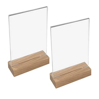 Afbeelding van HMF 46942 acryl tafelstandaard met houten voet 2 stuks DIN A5 staand formaat glashelder