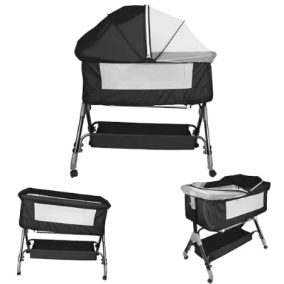 Afbeelding van Berceau 3 en 1, Lit Cododo, à Inclinaison, Hauteur réglable sur 4 Niveaux(80 94cm (80 84 88 94)) jusqu&#039;à 50kg, Roues 360º, Moustiquaire, Panier de Rangement 104 * 52 100 110 cm noir