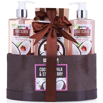 Afbeelding van BRUBAKER Cosmetics Bad en Doucheset Kokos Aardbeiengeur 5 delige Cadeauset Cadeautip Vrouw Cadeau Idee Moederdag cadeautje
