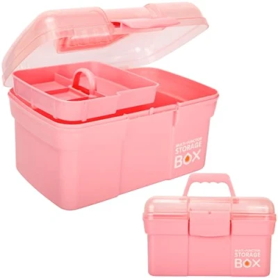 Afbeelding van Creahaus 27,9 cm multifunctionele opbergdoos met afneembaar dienblad, kleine kunststof handvat, draagbare voor naaien, make up, medicijnen,
