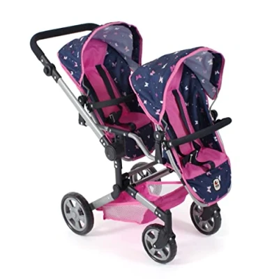 Afbeelding van Bayer Chic 2000 Tweeling poppenwagen Linus Duo Vlinders Navy Roze