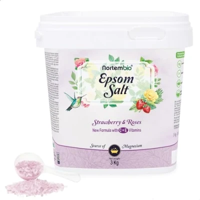 Afbeelding van Nortembio Epsomzout 3 kg. Badzout met aardbeien en rozenaroma. Magnesiumsulfaat gehydrateerd vitamine C E. spierontspanning, aromatherapie goede nachtrust. E book inbegrepen.