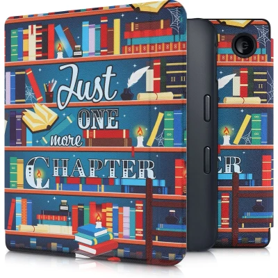 Afbeelding van kwmobile E reader hoesje geschikt voor Kobo Libra 2 hoes flip case met magnetische sluiting Ereader cover bibliotheek design in meerkleurig