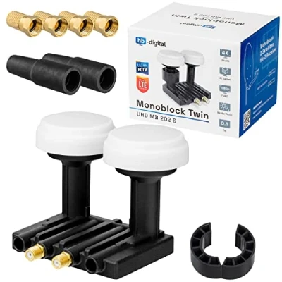 Afbeelding van Twin Monoblock LNB 0,1 dB Dual LNC HB DIGITAL Set 2 directe uitgangen Sat Astra 19,2 Hotbird 13 Full HD TV 3D Ultra 4K + rubberen doppen 4 vergulde F stekkers 8,2 mm