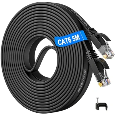 Afbeelding van Ethernet kabel, 5 m, Cat 6, RJ45, internetkabel, plat, netwerkkabel, hoge snelheid, Gigabit 10/100/1000 Mbps, vezel, LAN zwart, compatibel met Cat.5e Cat.6 voor PC PS5/4