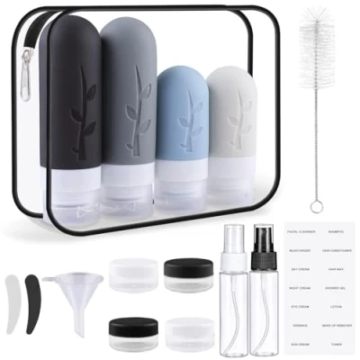 Afbeelding van Zosenyer Siliconen reisflessen, 16 delig, reisaccessoires, complete set met containers voor shampoo, lotion en cosmetica, cabinevliegtuig, zwart
