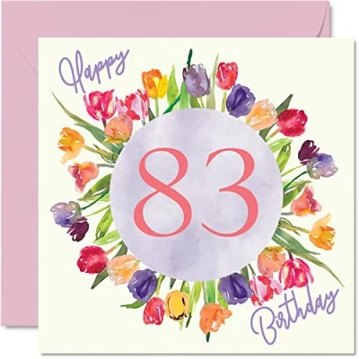 Afbeelding van Mooie verjaardagskaart voor de 83e verjaardag vrouwen aquarel tulpenboeket haar oma mama verjaardagscadeau 145 mm x