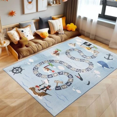 Afbeelding van kindertapijt, piratenthema, blauw tapijt, 100 x 150 cm, tapijt voor kinderkamer