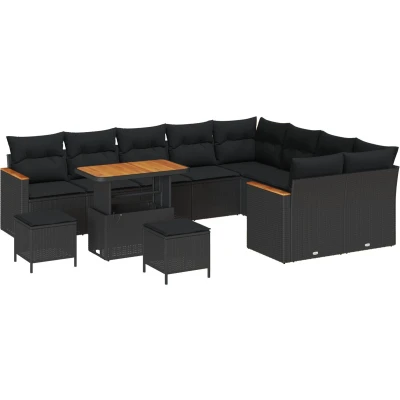 Afbeelding van vidaXL 12 Delige Tuin Sofa Set met Kussens Zwart Poly Rattan Acacia, 3 Eet Acacia