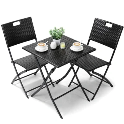 Afbeelding van 3 delige balkonmeubelset, tuinmeubelen, opvouwbaar, balkonset van rotan, 2 stoelen en 1 tafel, zwarte bistroset, tuinstoel, voor balkon, terras tuin