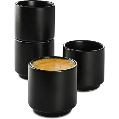 Afbeelding van Cosumy Set van 4 espressokopjes zwart keramiek, stapelbaar design, dikke wanden, vaatwasmachinebestendig, 70 ml