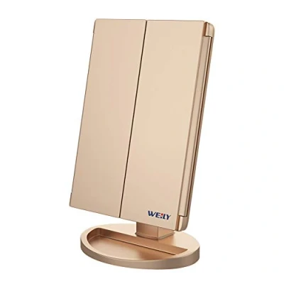 Afbeelding van WEILY make upspiegel met verlichting, 1X/2X/3X vergroting, opvouwbaar LED verlichting en touchscreen, tafelspiegel ondersteunt USB batterij (goud)