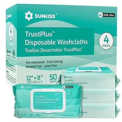 Image de SUNKISS Trustplus Lingettes pour Adultes, Nettoyantes Extra Épaisses 20 x 30 cm le Corps avec Aloès Incontinence et Hygiène Intime, 200 Unité
