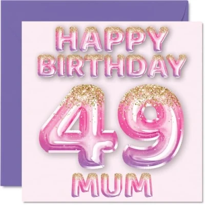 Afbeelding van Verjaardagskaart voor moeder 49 jaar, roze en paarse glitterballonnen, verjaardagskaarten van zoon, dochter, 145 mm x