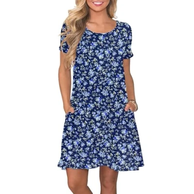 Afbeelding van AUSELILY Zomerjurk met A lijn voor dames, casual T shirtjurk korte mouwen en zakken, Groene madeliefje